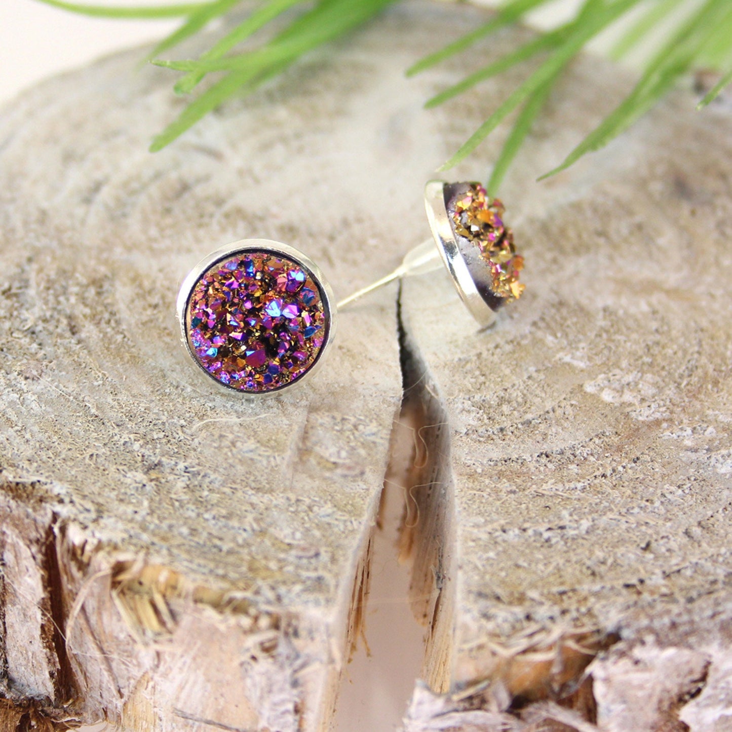 Edelstahl Ohrstecker Faux Druzy in Rosé – Handgemachte Ohrringe