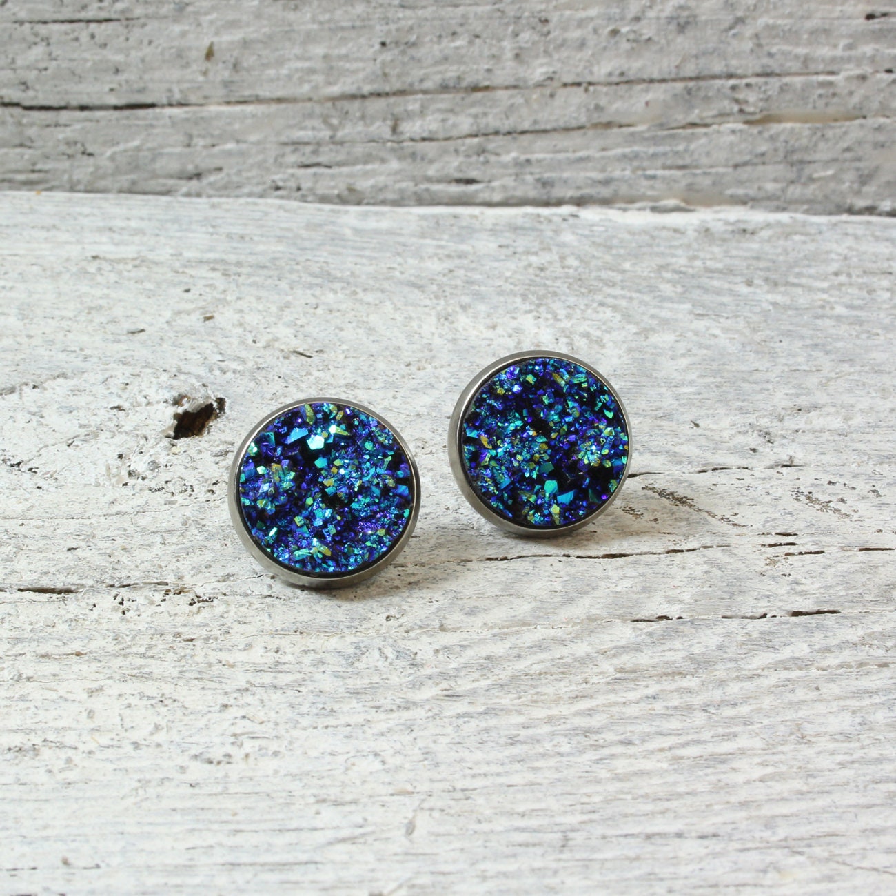 Edelstahl Ohrstecker Faux Druzy Blau – Funkelnde Glitzer Ohrringe
