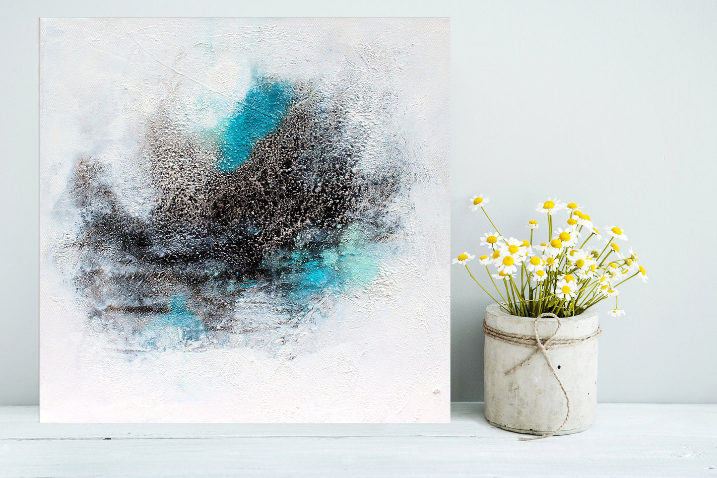 Handgemalt Acrylbild vom Künstler auf Leinwand in türkis blau weiß schwarz Vintage-Unikat als Moderne Kunst Deko Gemälde abstrakte Original - Hochwertige handgemalte Kunst auf Leinwand.