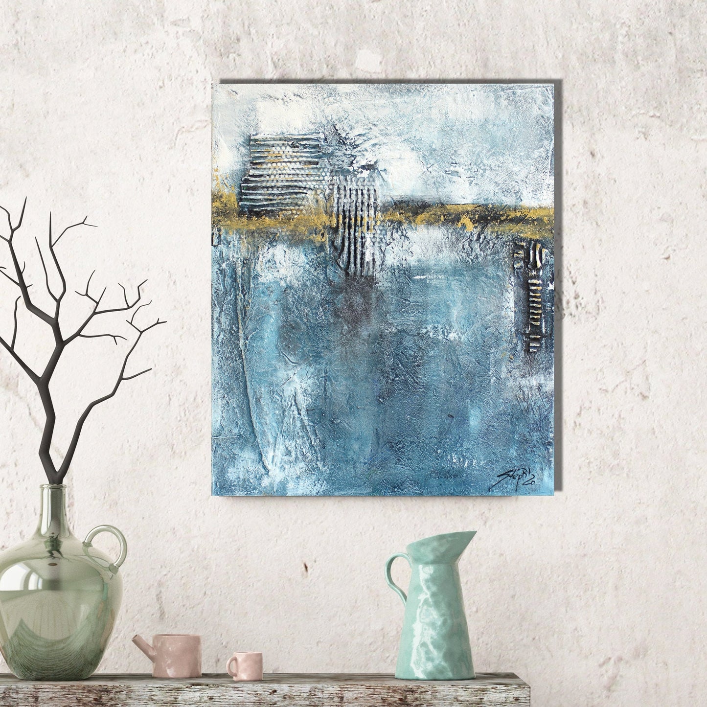 Original abstrakte Acrylmalerei, 46x56 cm in Blau und Gold, moderne Kunst von ATELIER steph-aRt - einzigartiges Leinwand - Kunstwerk UNIKAT - Hochwertige handgemalte Kunst auf Leinwand.