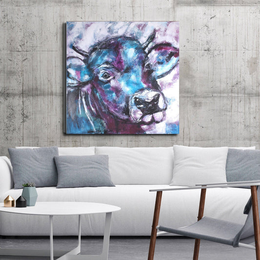Handgemaltes Acrylbild vom Künstler auf Leinwand - "blaue Kuh" - ein Unikat als Modern Kunst Wanddeko Gemälde abstrakte Malerei und Original - Hochwertige handgemalte Kunst auf Leinwand.