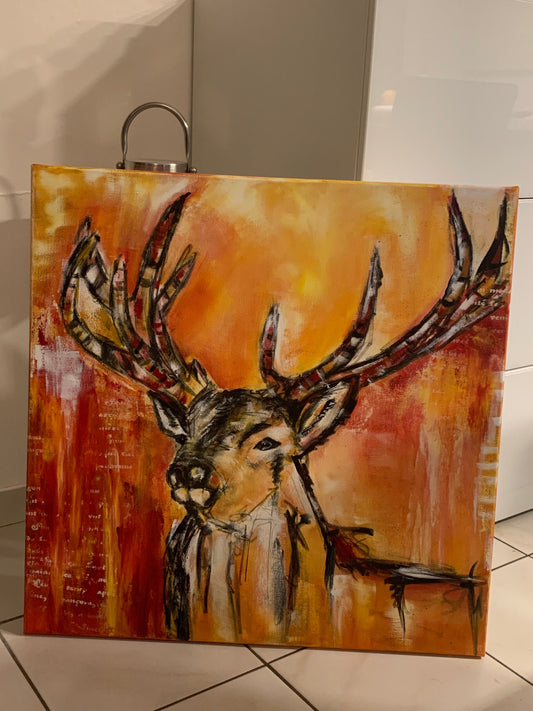 Handgemaltes Acrylbild vom Künstler auf Leinwand - "Hirsch" - ein Unikat als Moderne Kunst Wanddeko Gemälde abstrakte Malerei und Original - Hochwertige handgemalte Kunst auf Leinwand.