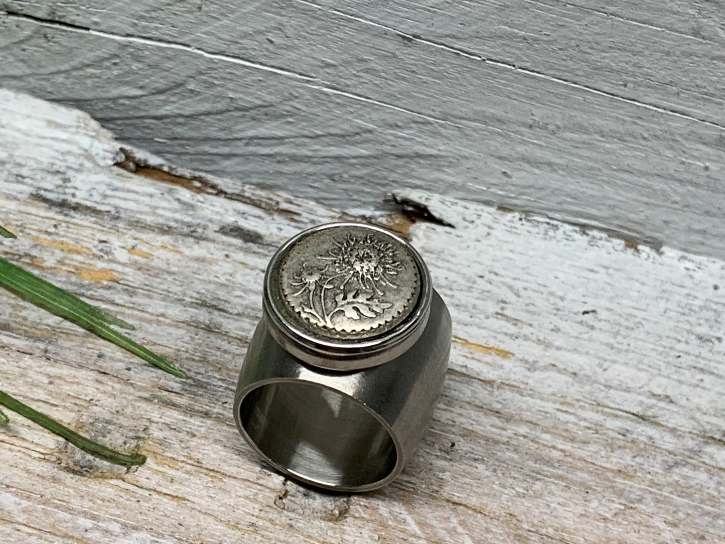 Breiter Edelstahlring Gr. 17 mit Löwenzahn Pusteblume – Eleganter Wechselschmuck