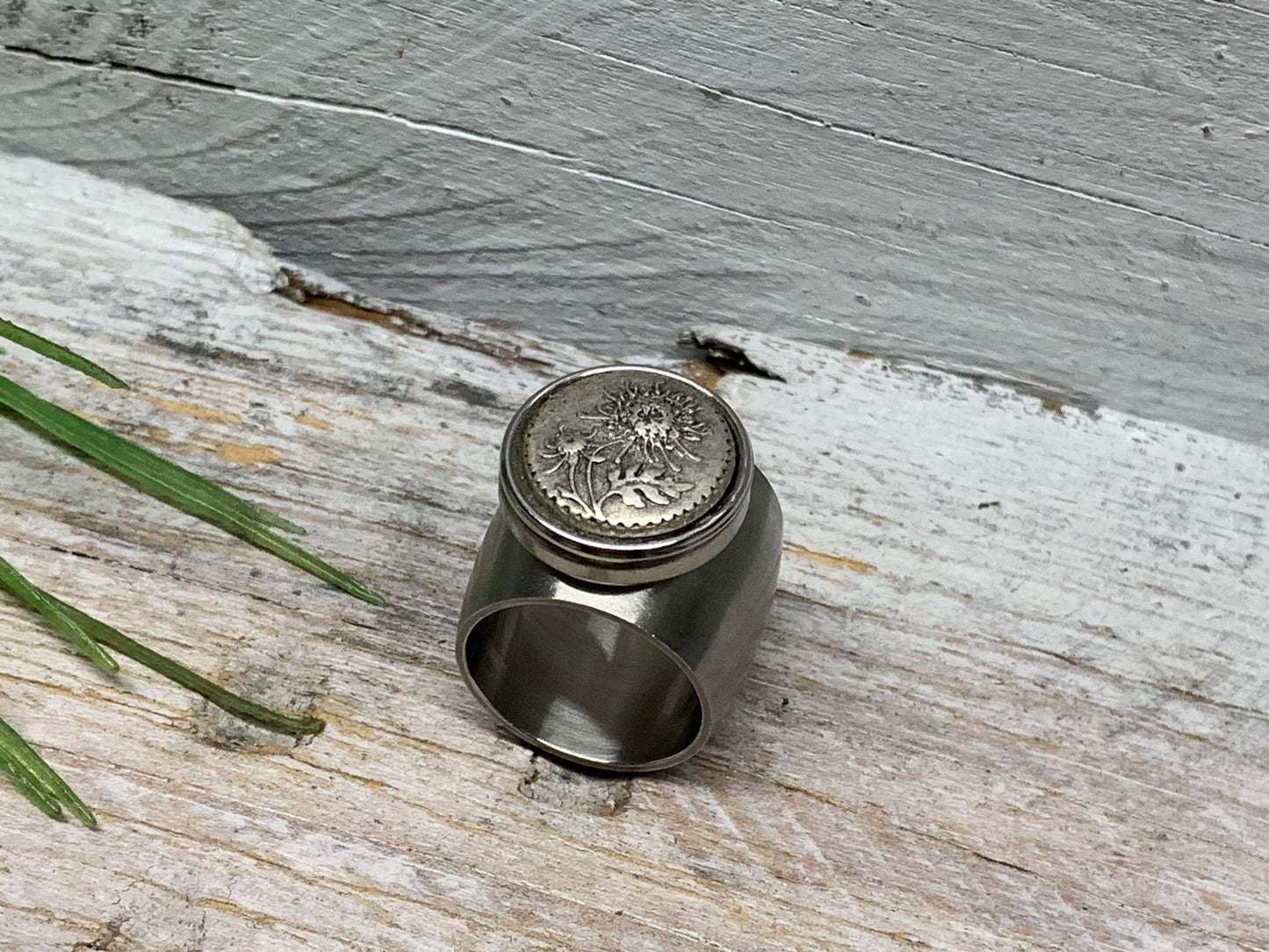 Breiter Edelstahlring Gr. 17 mit Löwenzahn Pusteblume – Eleganter Wechselschmuck