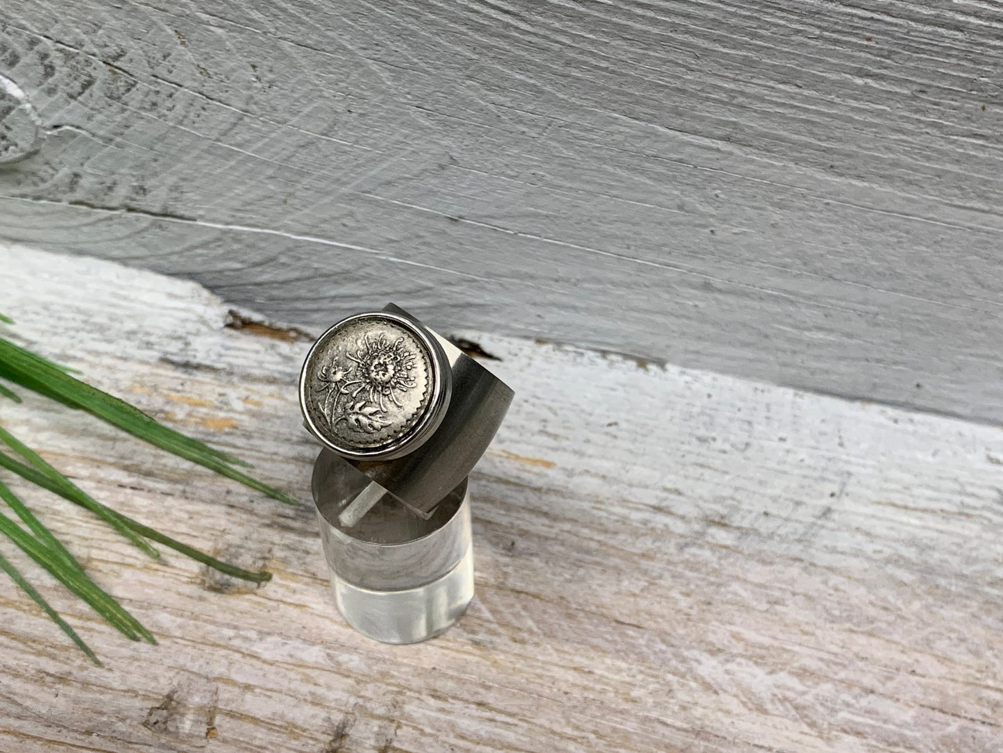Breiter Edelstahlring Gr. 17 mit Löwenzahn Pusteblume – Eleganter Wechselschmuck