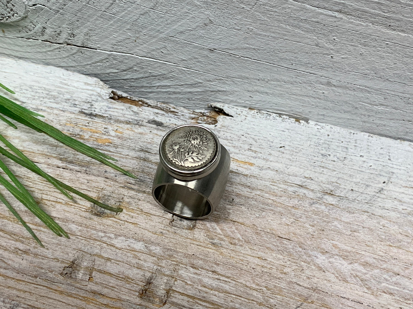 Breiter Edelstahlring Gr. 17 mit Löwenzahn Pusteblume – Eleganter Wechselschmuck