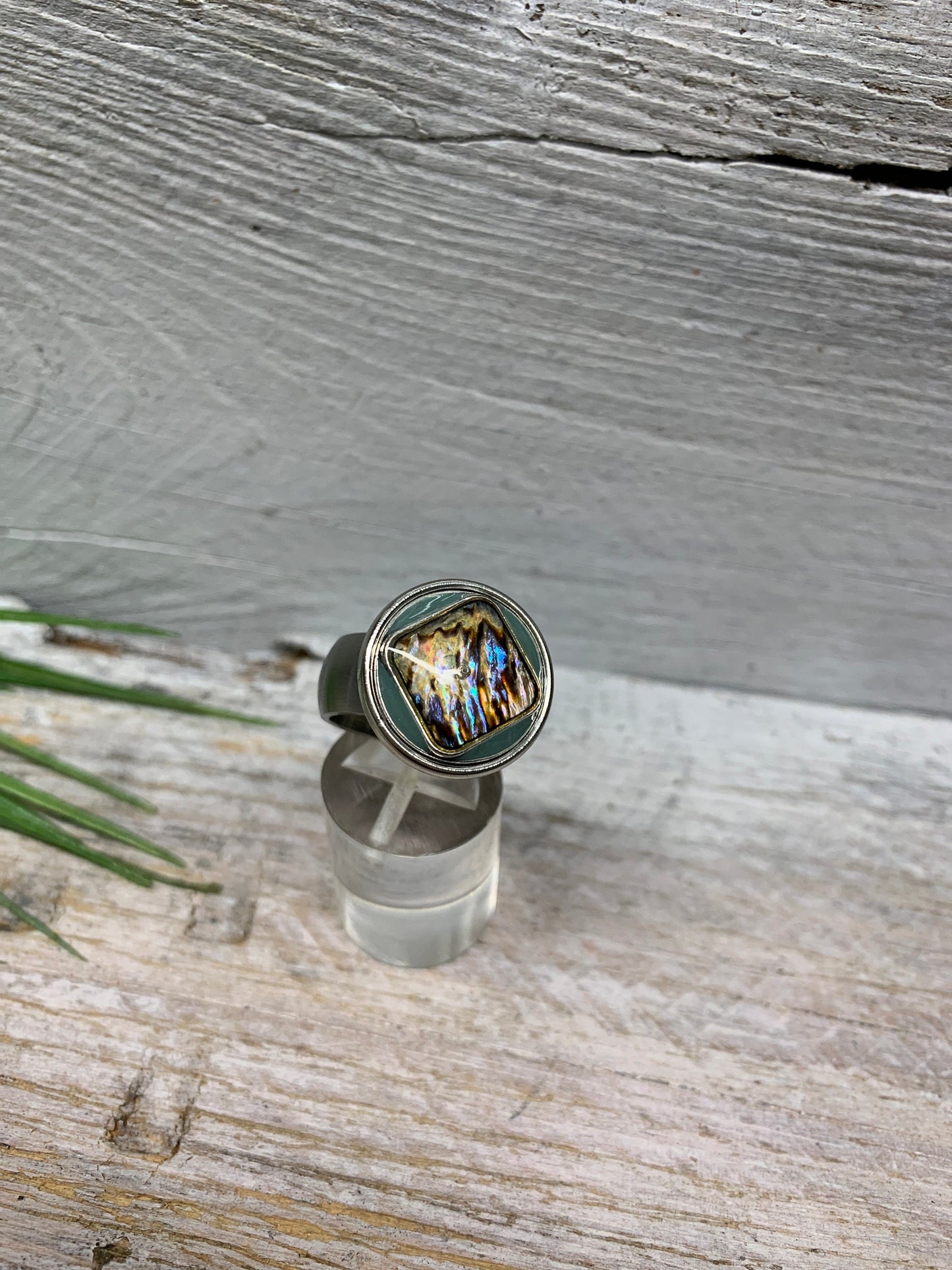 Edelstahlring Gr. 17,5 mit Türkis Muschel Motiv – Wechselbarer Druckknopfschmuck