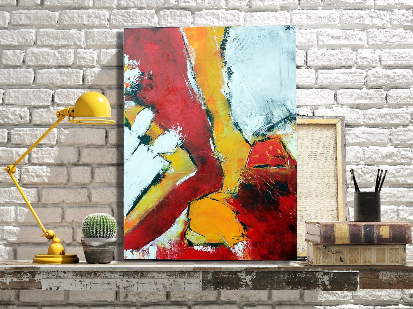 Original " Waiting " - Größe 50 x 70 cm gelb rot UNIKAT Malerei ORIGINAL Modern Abstrakt Bild Acryl Mischtechnik - Hochwertige handgemalte Kunst auf Leinwand.