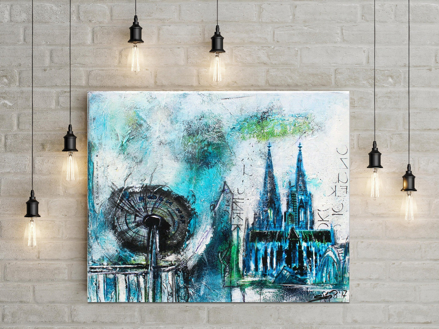 Original abstrakte Malerei Kölner Dom, 40x50 cm, moderne Kunst in Blau, Acryl von Atelier steph-aRt einzigartiges Köln Bild auf Leinwand - Hochwertige handgemalte Kunst auf Leinwand.