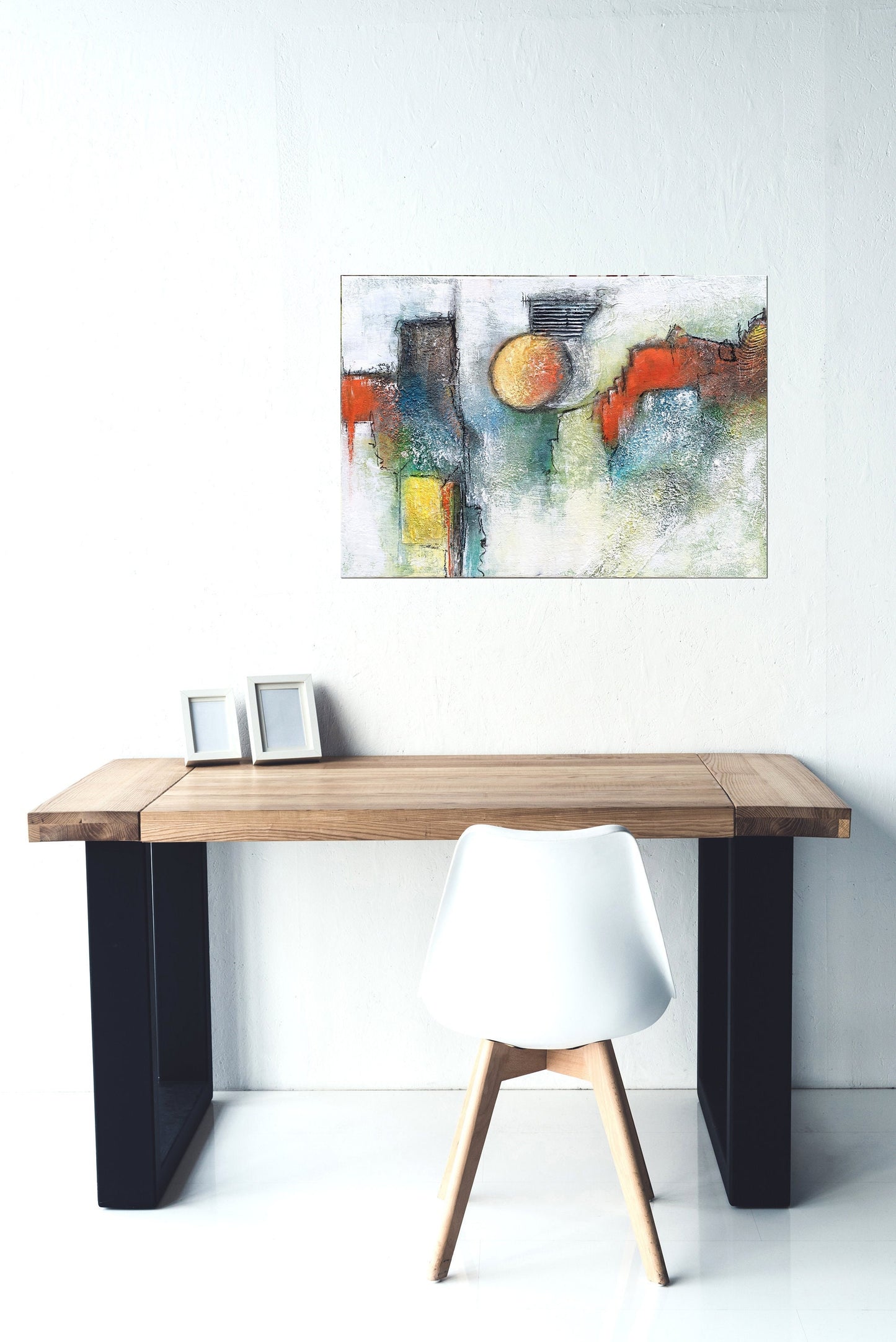 Original " o.T. " - Größe 40 x 50 cm grün orange weiß UNIKAT Malerei ORIGINAL Modern Abstrakt Bild Acryl Mischtechnik - Hochwertige handgemalte Kunst auf Leinwand.