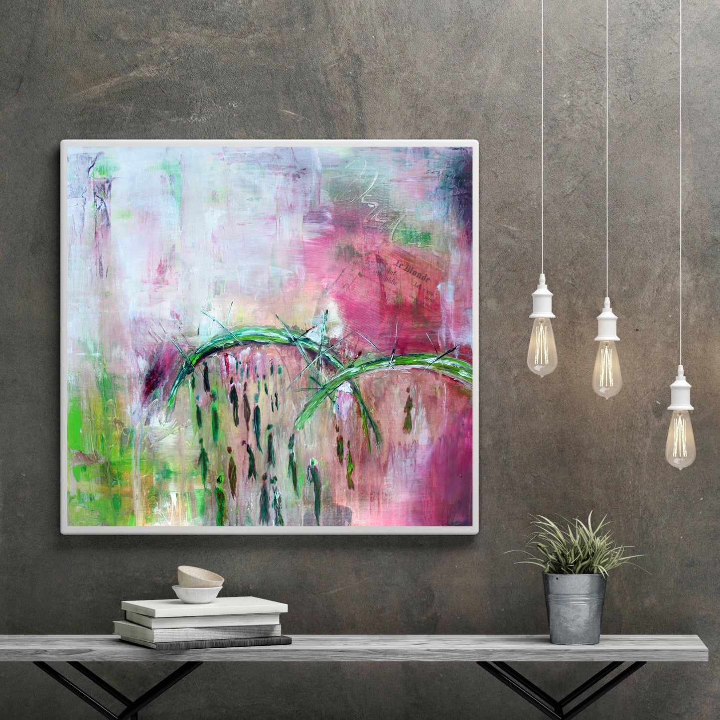 Original abstrakte Malerei „Expo du Monde“, 60x60 cm, moderne Kunst in Acryl und Mischtechnik, mit Schattenfugenrahmen, Unikat auf Leinwand - Hochwertige handgemalte Kunst auf Leinwand.