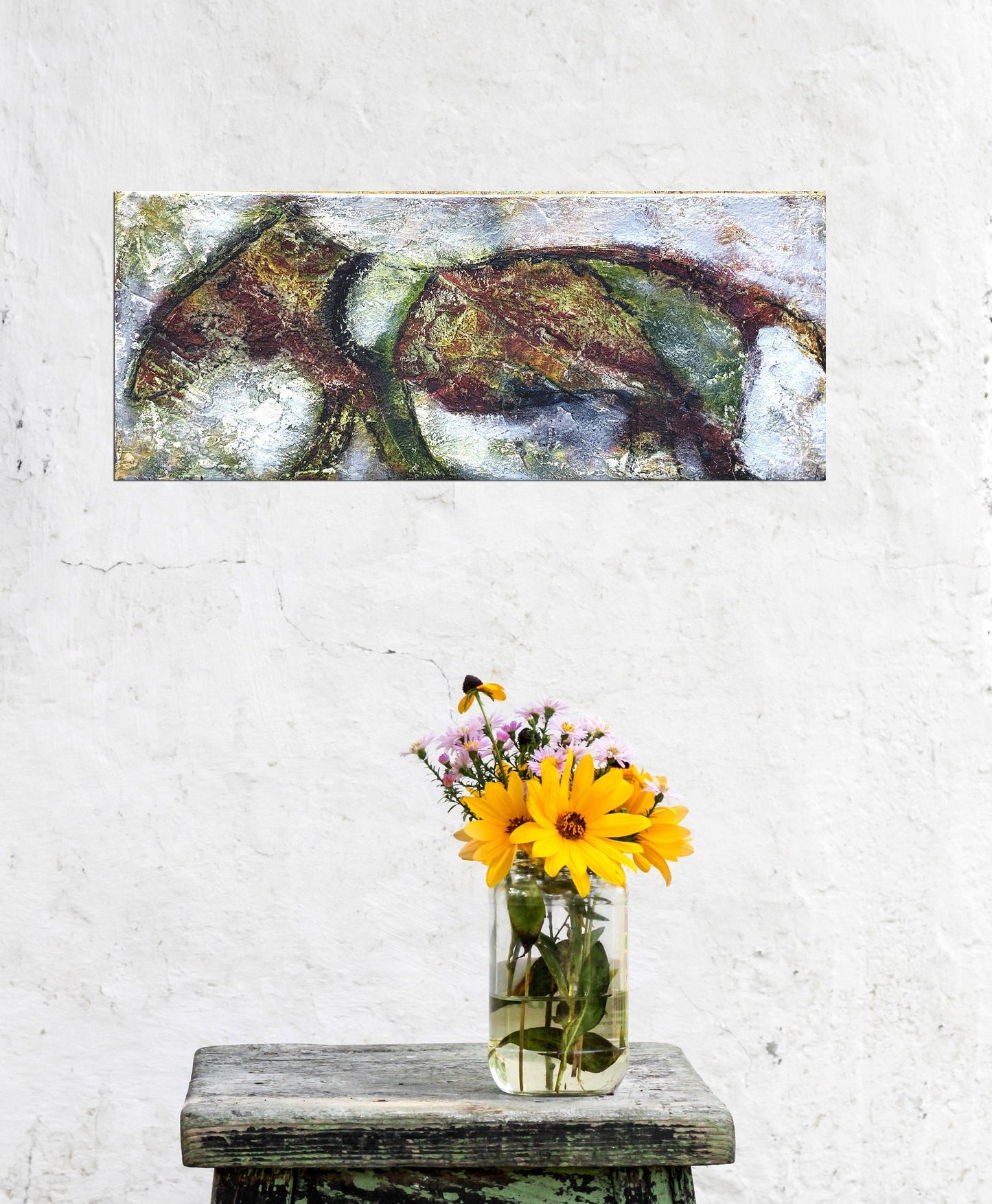 Original " o.T. " - Größe 20 x 50 cm grün weiß braun Vintage UNIKAT Malerei ORIGINAL Modern Abstrakt Bild Acryl Mischtechnik - Hochwertige handgemalte Kunst auf Leinwand.