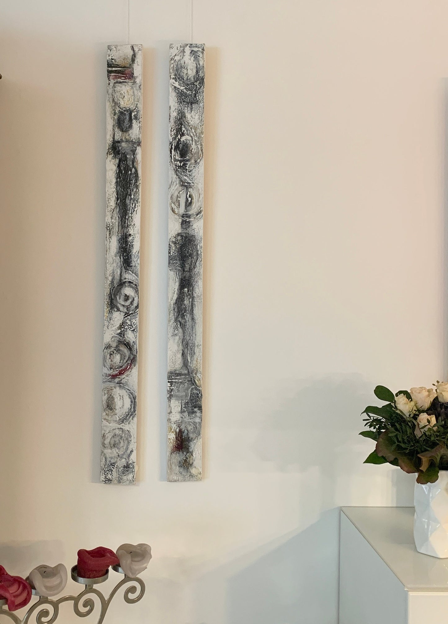 Original Holzplanken bemalt " Diptychon weiß schwarz rot " - UNIKAT Malerei ORIGINAL Modern Abstrakt Bild Acryl Mischtechnik - Hochwertige handgemalte Kunst auf Leinwand.