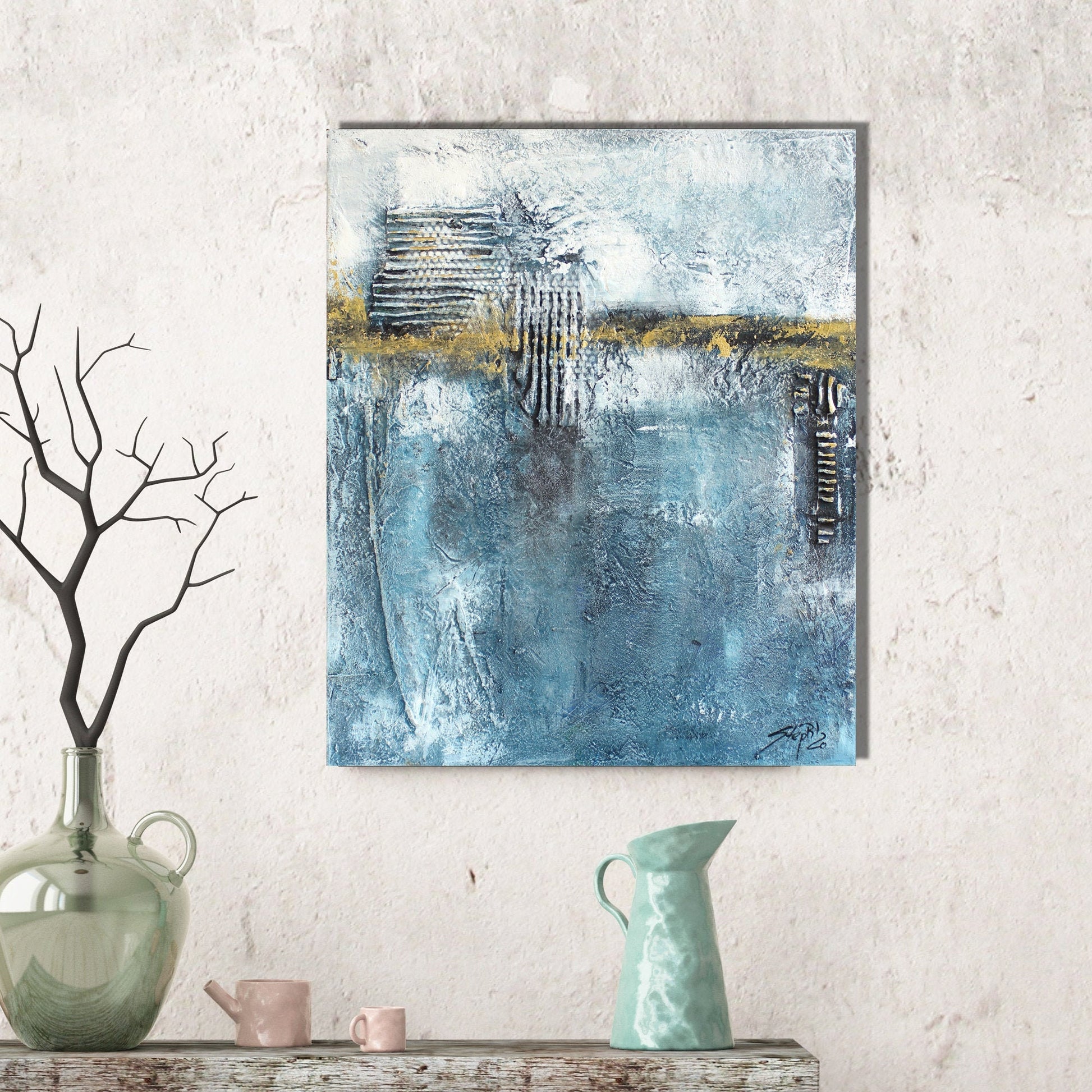 Original abstrakte Acrylmalerei, 46x56 cm in Blau und Gold, moderne Kunst von ATELIER steph-aRt - einzigartiges Leinwand - Kunstwerk UNIKAT - Hochwertige handgemalte Kunst auf Leinwand.