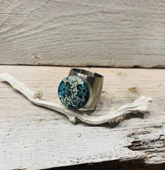 Edelstahl Ring 17mm – Blumen Design in Blau und Türkis, wechselbar