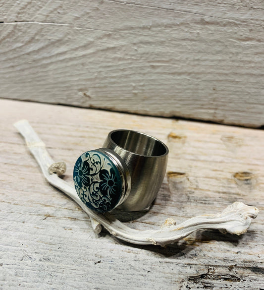 Edelstahl Ring 18mm – Blumen Design in Blau und Türkis, wechselbar